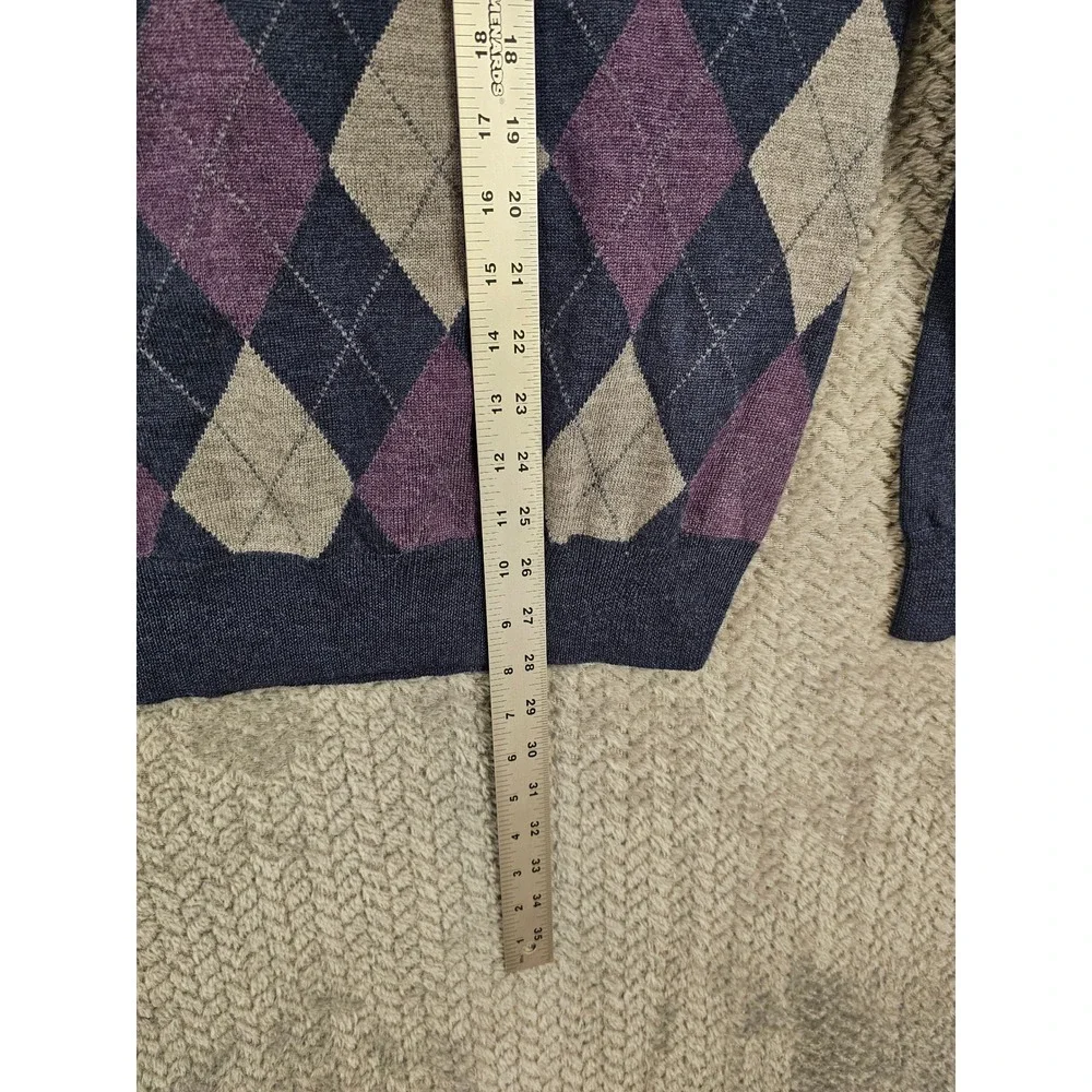 Banana Republic Mens L Merino Wool Argyle V-Neck‎ Sweater Navy Blue Purple Grey